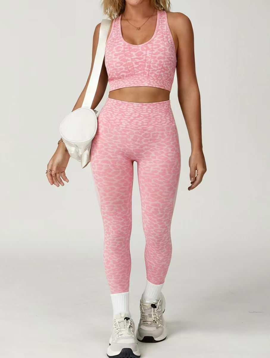 Custom Pink Leopard Print Sports Bra & High-Waisted Leggings Set – Private Label Activewear