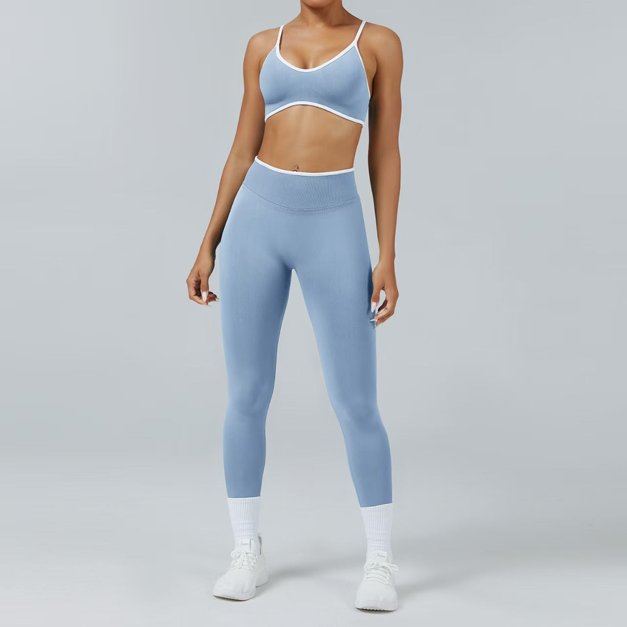 Custom Contrast Trim 3-Piece Activewear Set – Sports Bra, Tank Top, Biker Shorts & Leggings | Private Label OEM