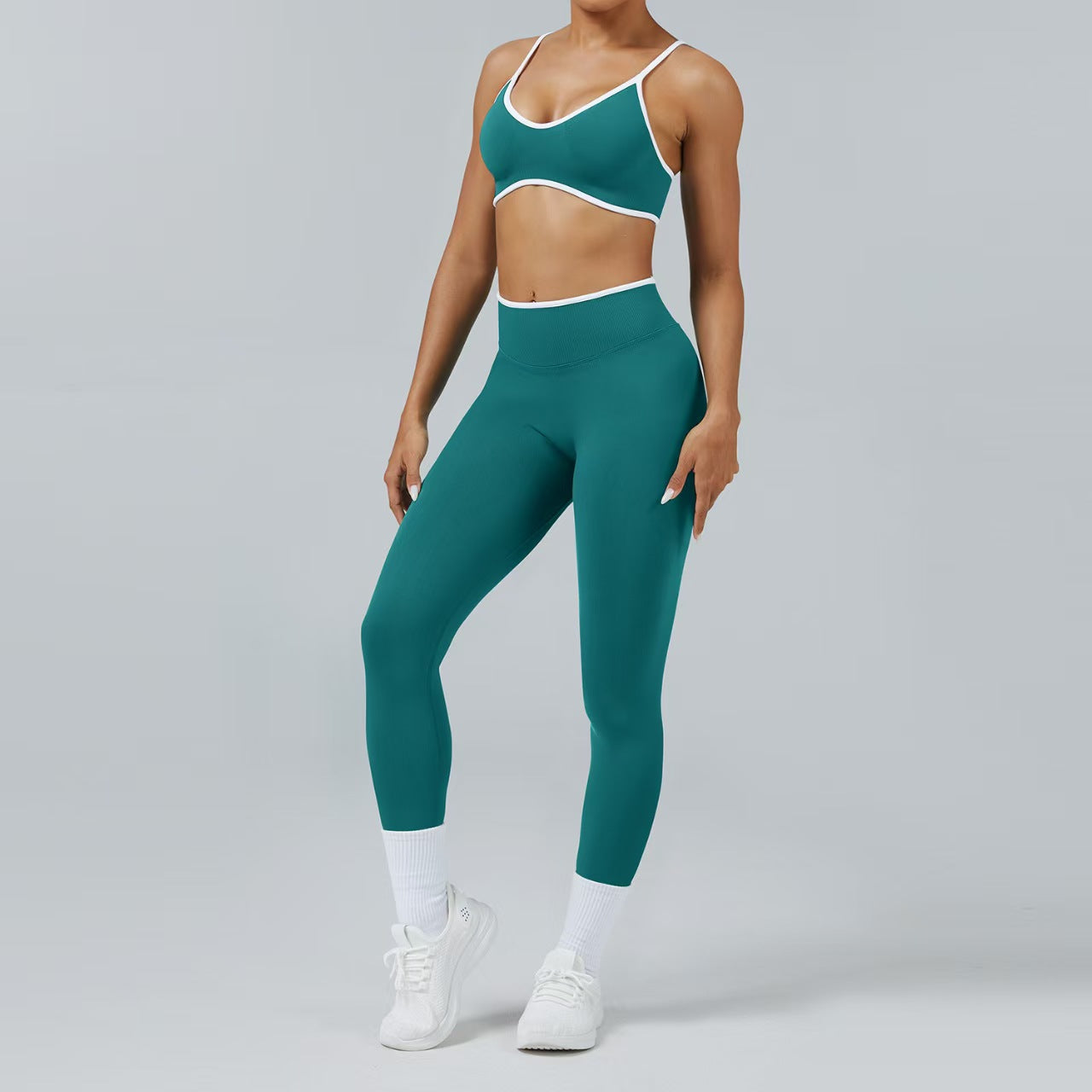 Custom Contrast Trim 3-Piece Activewear Set – Sports Bra, Tank Top, Biker Shorts & Leggings | Private Label OEM