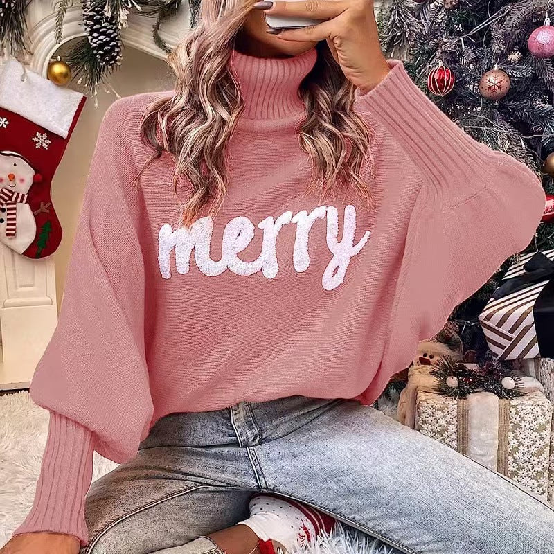 Custom Oversized Christmas Turtleneck Sweater with Chenille Embroidery – Private Label Knitwear OEM