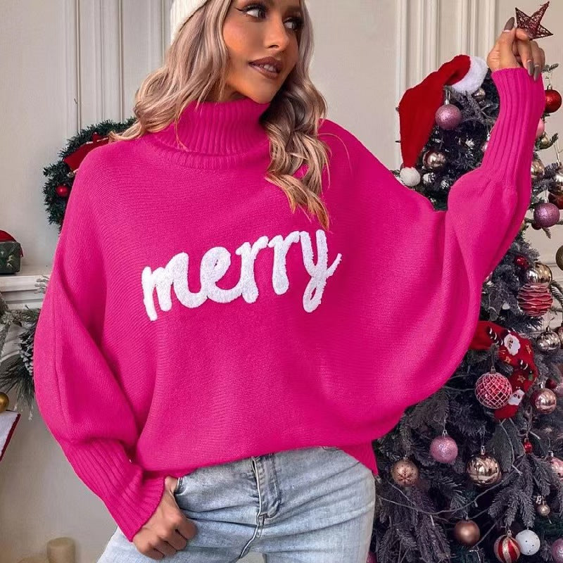 Custom Oversized Christmas Turtleneck Sweater with Chenille Embroidery – Private Label Knitwear OEM