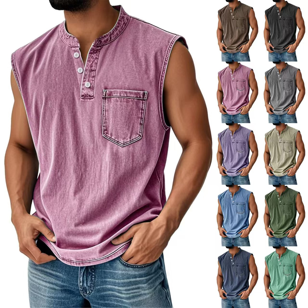 Custom Men’s Vintage Washed Sleeveless Henley Shirt – Private Label Casualwear OEM