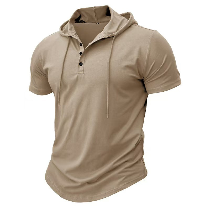 Custom Men’s Short-Sleeve Hooded Henley T-Shirt – Private Label Casualwear OEM