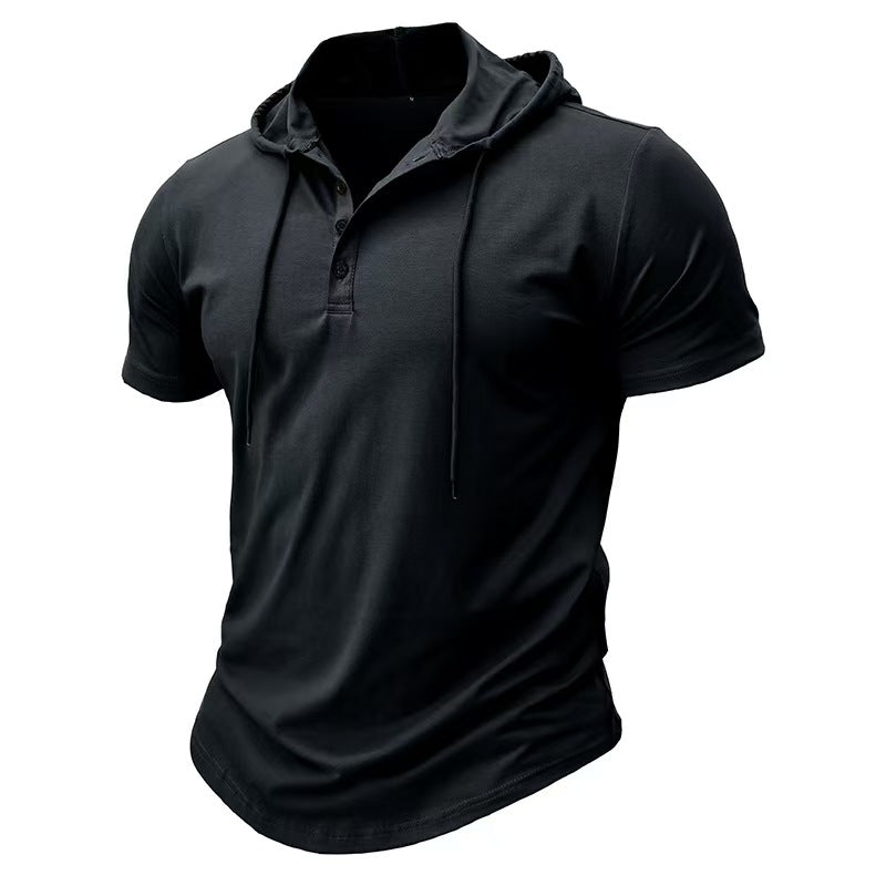Custom Men’s Short-Sleeve Hooded Henley T-Shirt – Private Label Casualwear OEM