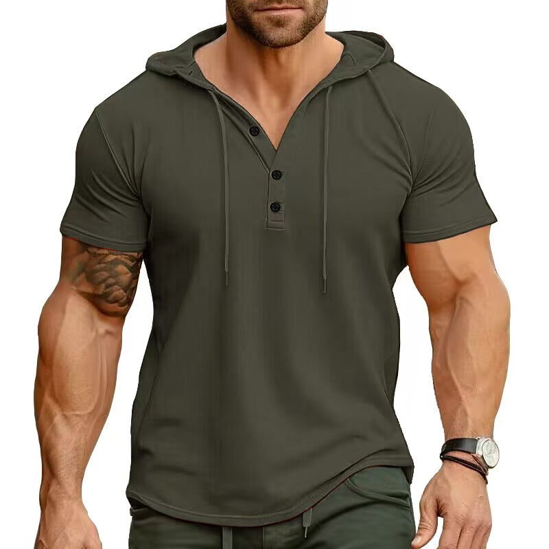 Custom Men’s Short-Sleeve Hooded Henley T-Shirt – Private Label Casualwear OEM