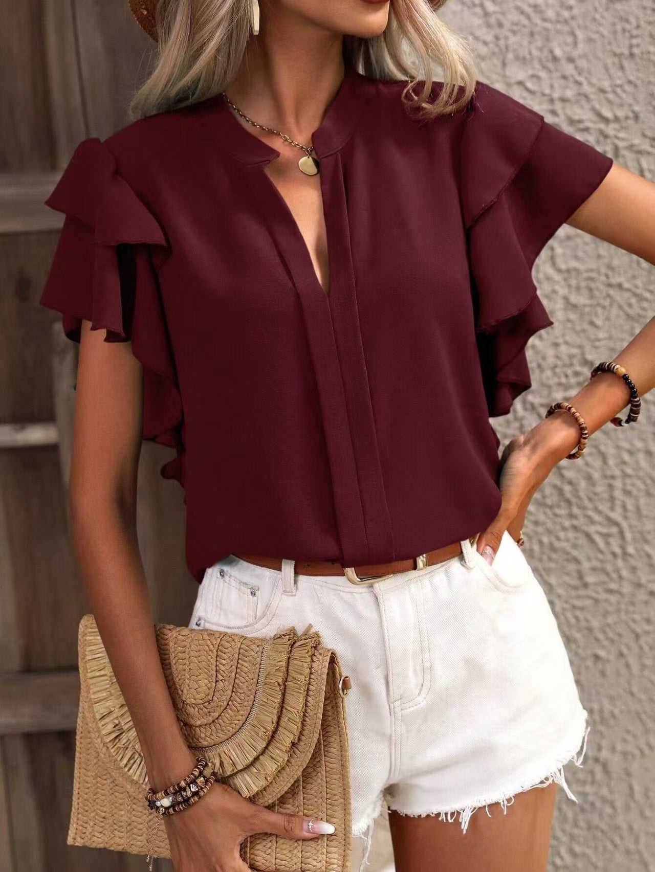 Custom Women’s Layered Ruffle Sleeve V-Neck Blouse – Private Label Fashion OEM