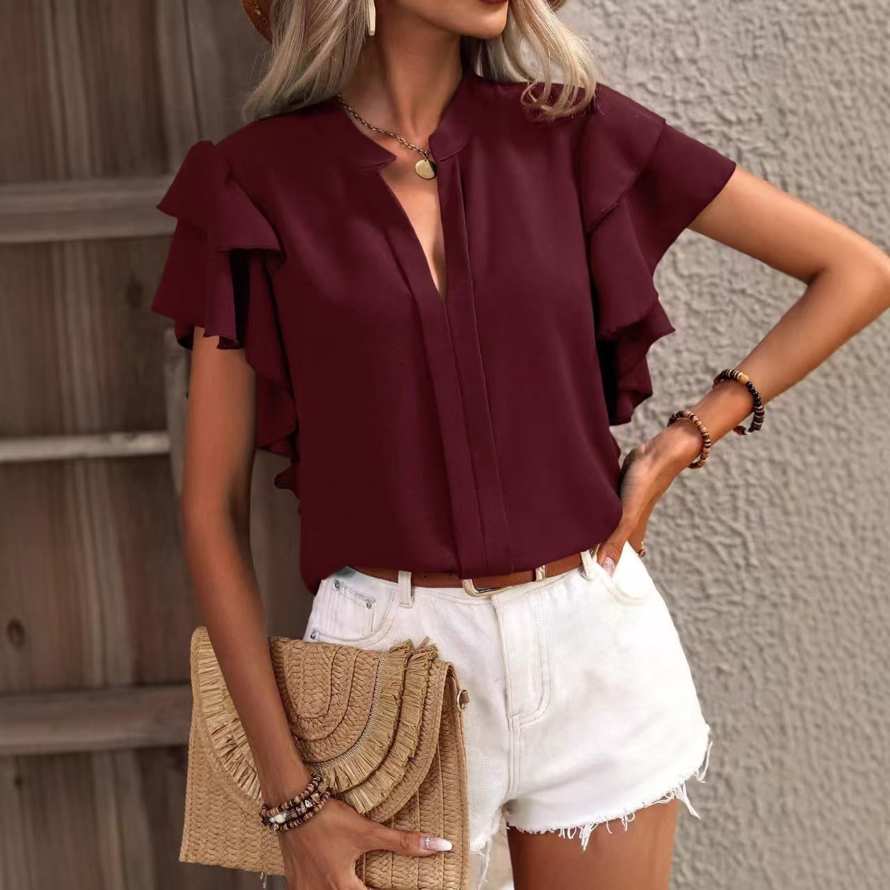 Custom Women’s Layered Ruffle Sleeve V-Neck Blouse – Private Label Fashion OEM