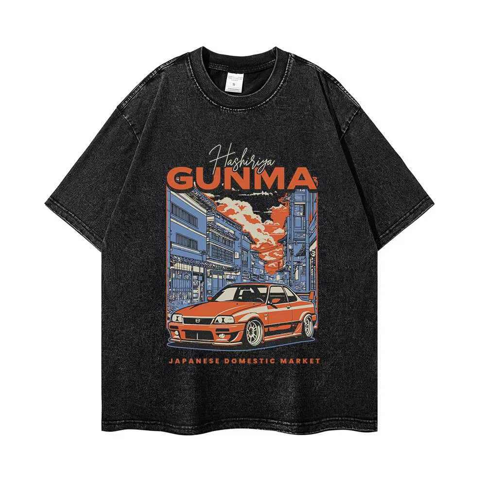 Custom Vintage Washed Japanese Automotive Graphic Oversized T-Shirt – Private Label Streetwear OEM