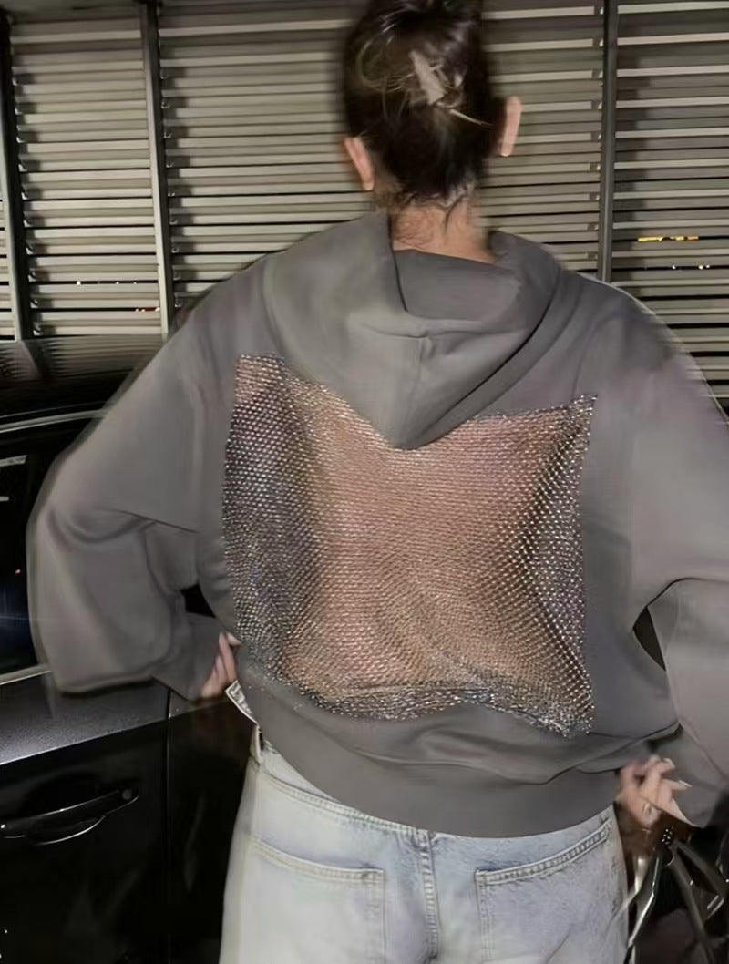 Custom Women’s Rhinestone Mesh Back Oversized Hoodie – Private Label Luxury Streetwear OEM