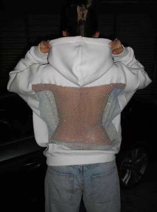 Custom Women’s Rhinestone Mesh Back Oversized Hoodie – Private Label Luxury Streetwear OEM
