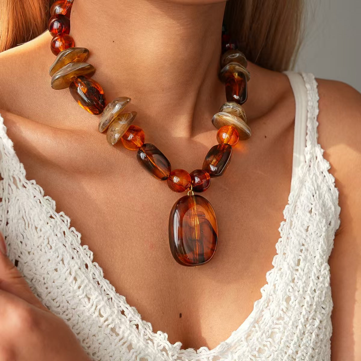 Custom Handcrafted Amber-Style Beaded Pendant Necklace – Private Label Statement Jewelry OEM