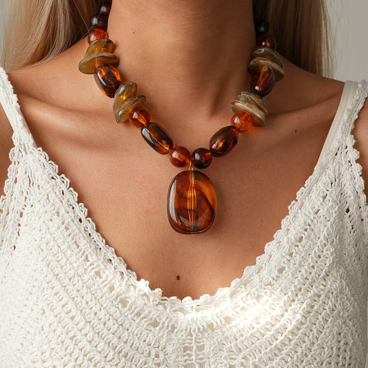 Custom Handcrafted Amber-Style Beaded Pendant Necklace – Private Label Statement Jewelry OEM