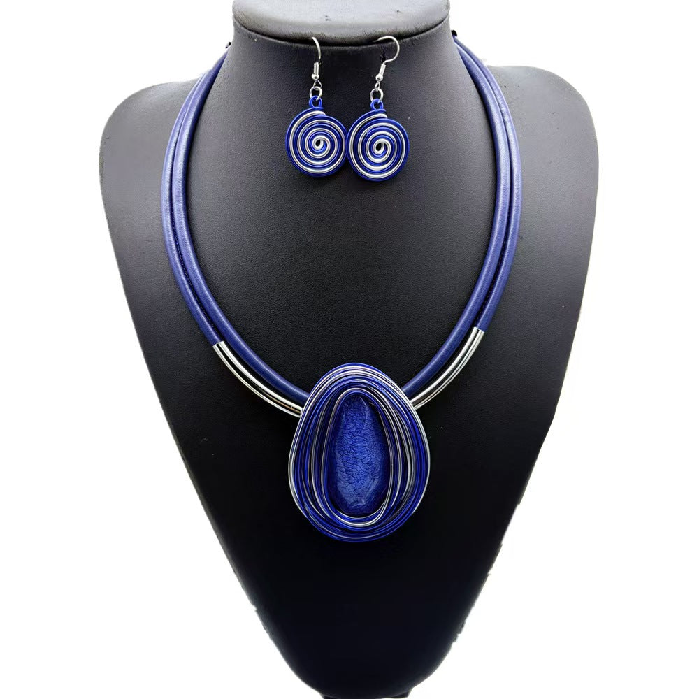 Custom Handcrafted Cobalt Blue Wire-Wrapped Statement Jewelry Set – Necklace & Earrings | Private Label OEM