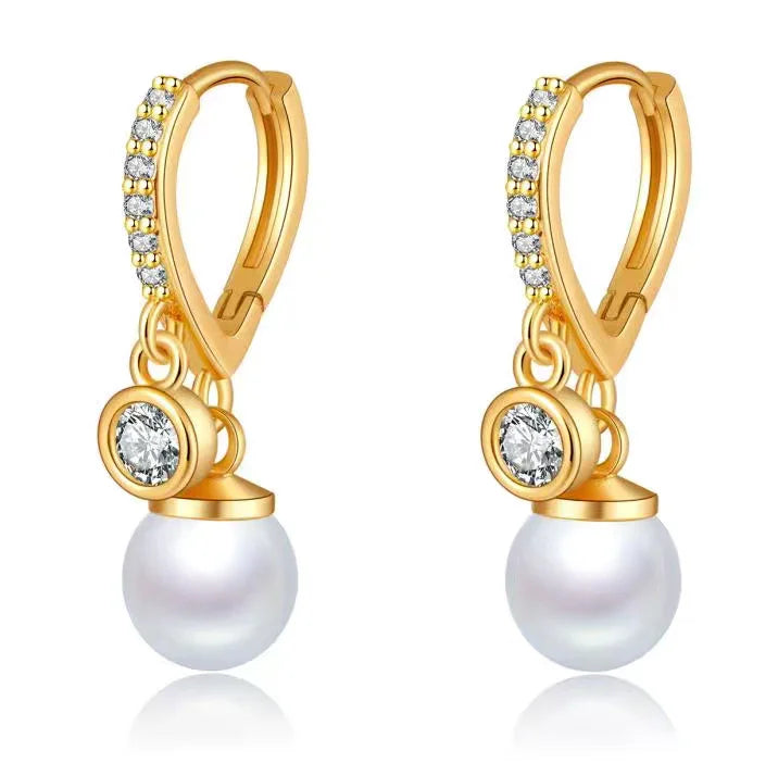 Rhodium Plated CZ Paved Leverback Pearl Hoop Earrings Women I 18K gold with pearl