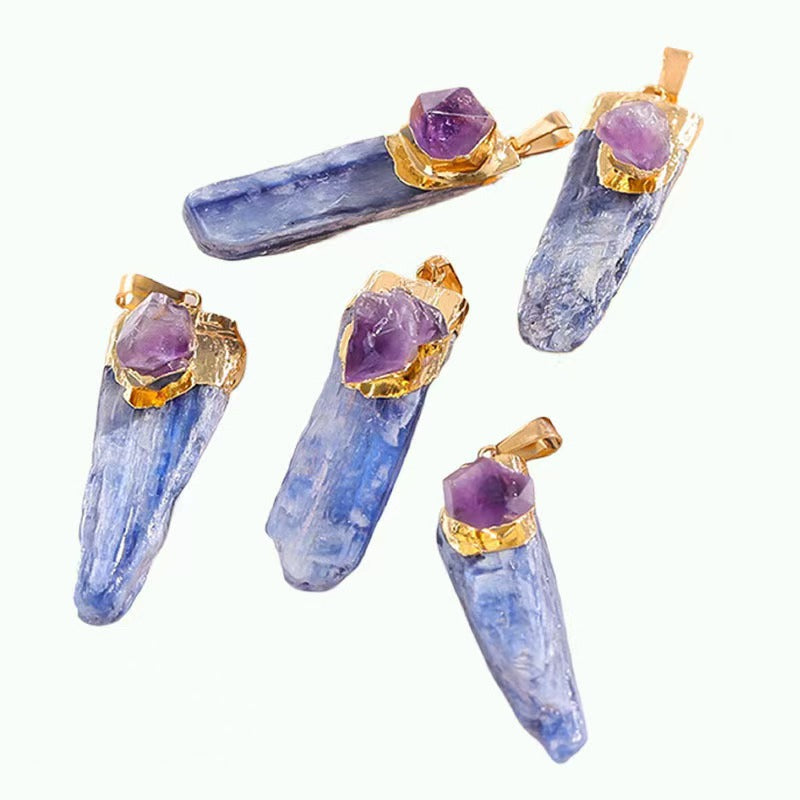 Custom Raw Amethyst & Blue Kyanite Crystal Pendant Necklace – Gold-Tone Double Stone Jewelry | Private Label OEM