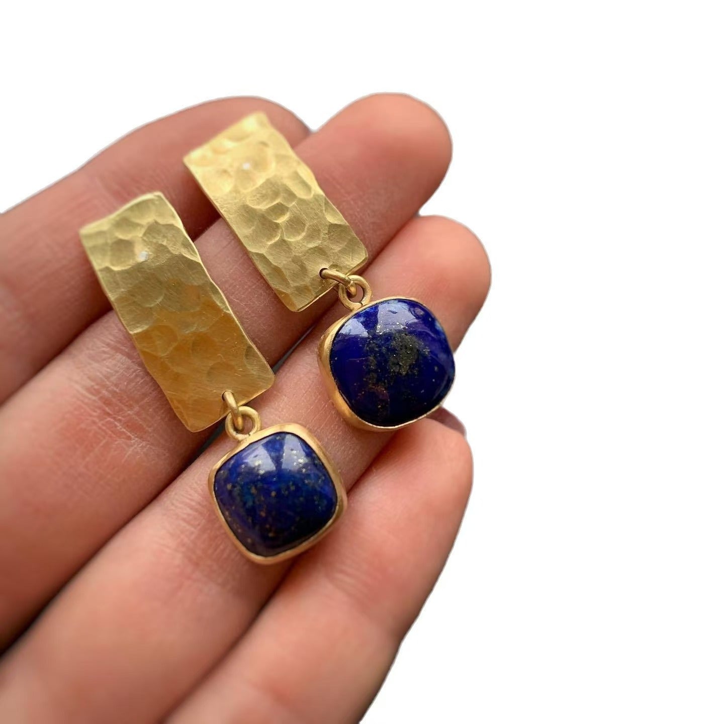Custom Handcrafted Hammered Gold Lapis-Style Drop Earrings – Private Label Artisan Jewelry OEM