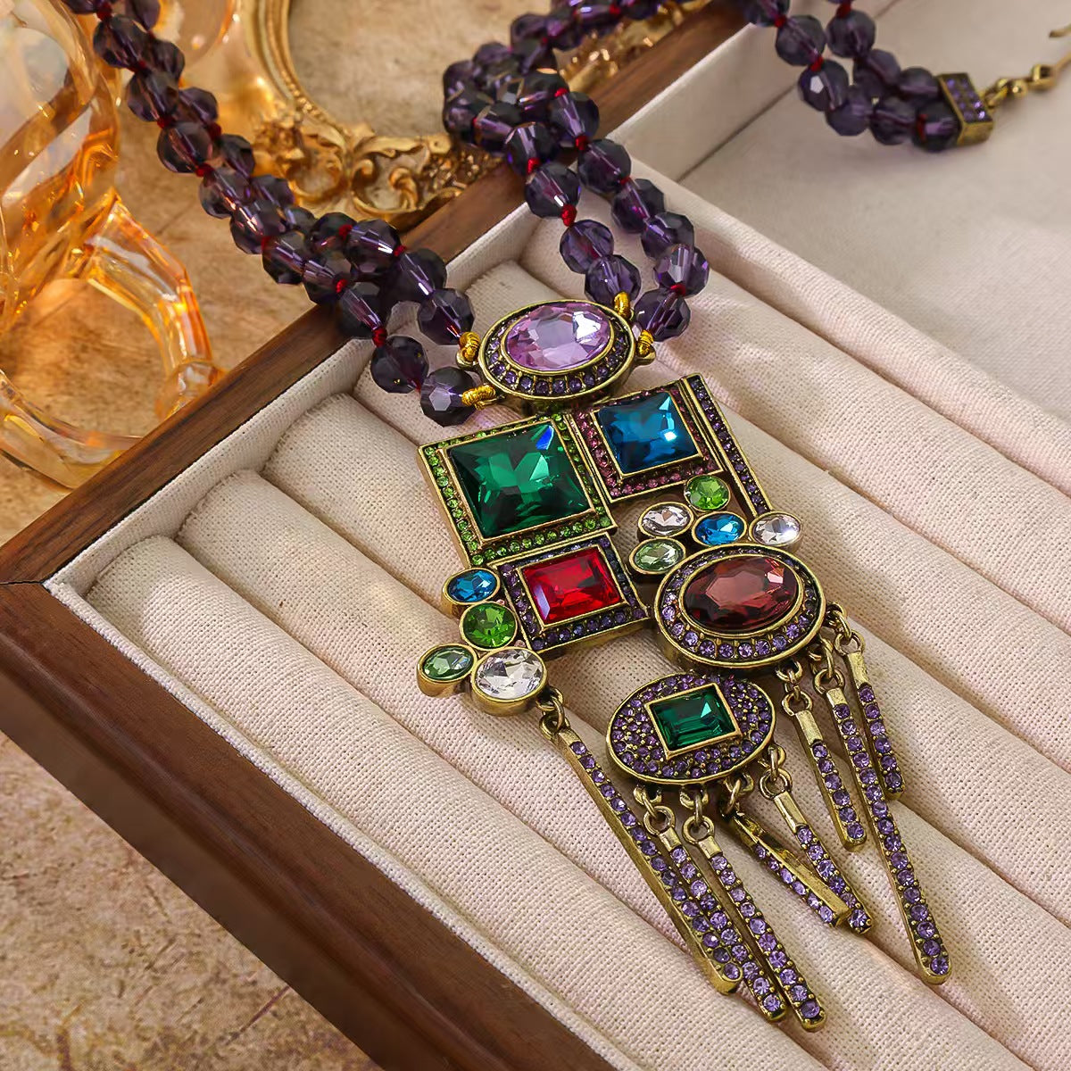 Custom Multistrand Crystal Beaded Statement Necklace with Jeweled Tassel Pendant – Private Label Jewelry OEM