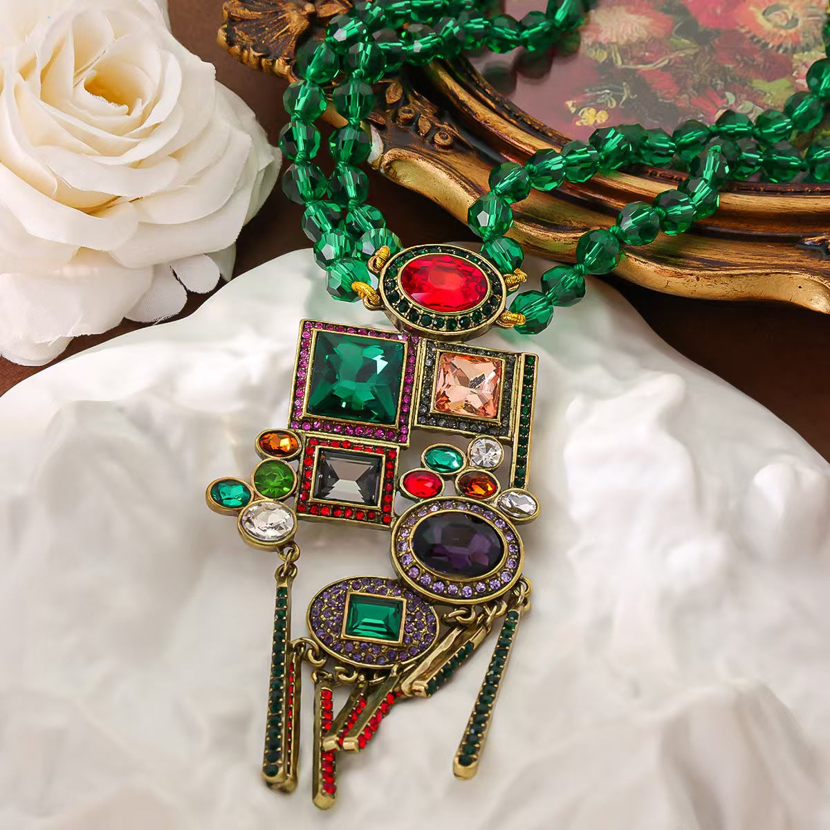 Custom Multistrand Crystal Beaded Statement Necklace with Jeweled Tassel Pendant – Private Label Jewelry OEM