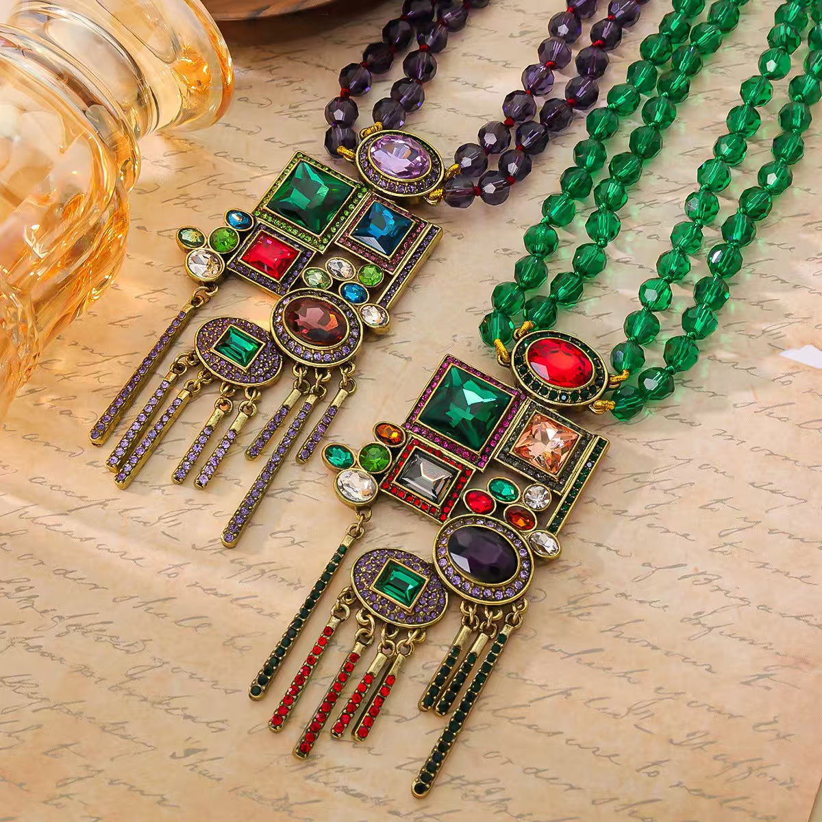 Custom Multistrand Crystal Beaded Statement Necklace with Jeweled Tassel Pendant – Private Label Jewelry OEM