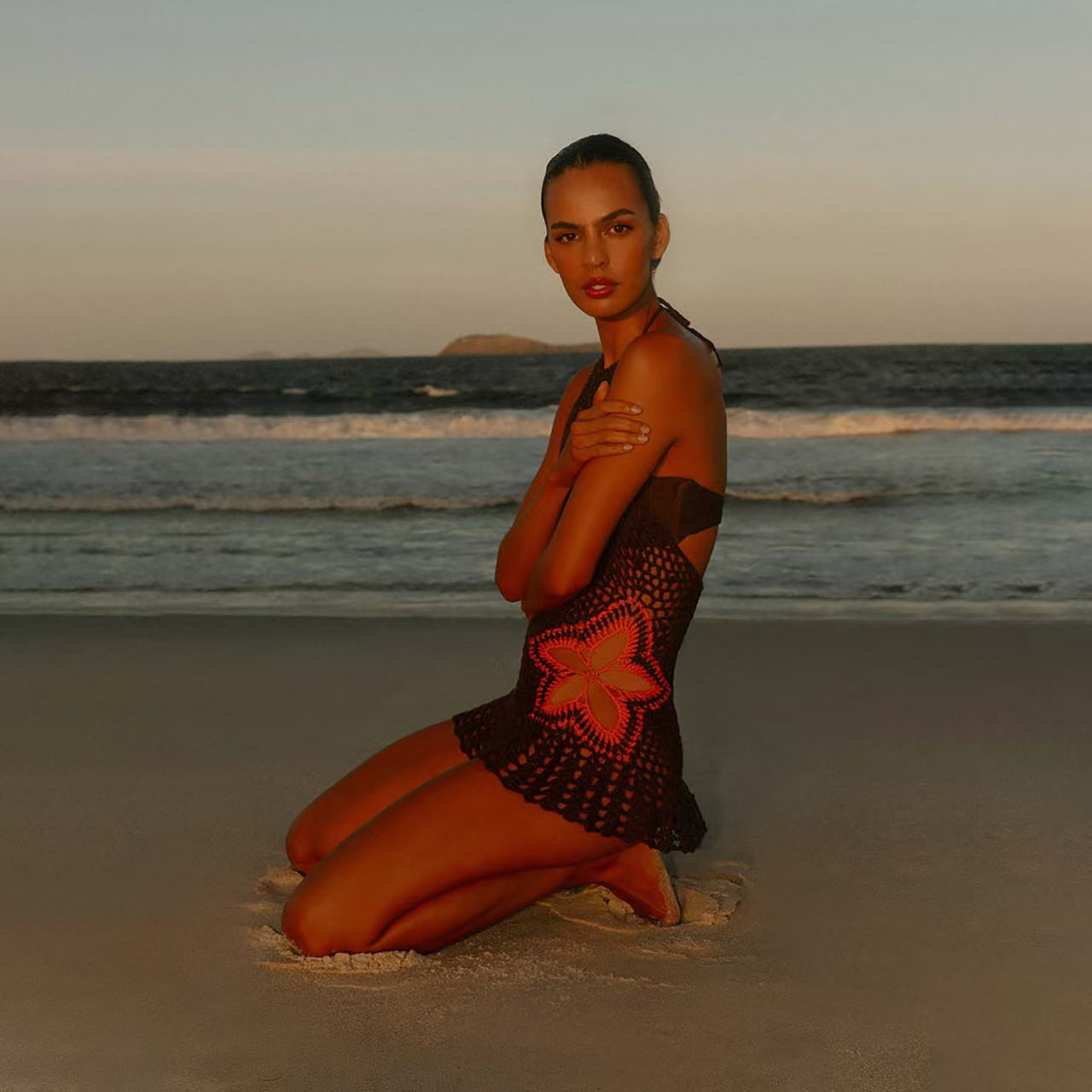 Custom Women’s Crochet Halter Beach Cover-Up Mini Dress with Floral Appliqué – Private Label Resortwear OEM