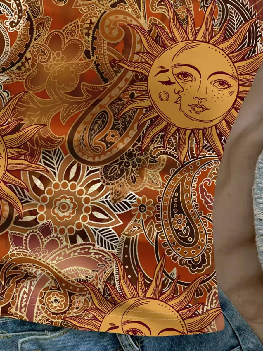 Custom Women’s Celestial Sun Print Halter Top – Tie-Neck Bohemian Camisole | Private Label Apparel OEM
