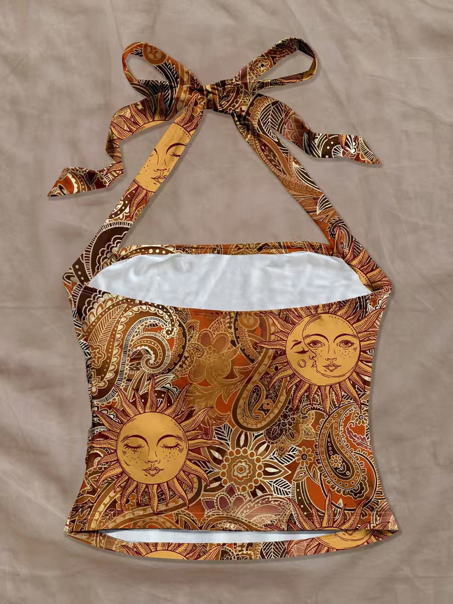 Custom Women’s Celestial Sun Print Halter Top – Tie-Neck Bohemian Camisole | Private Label Apparel OEM