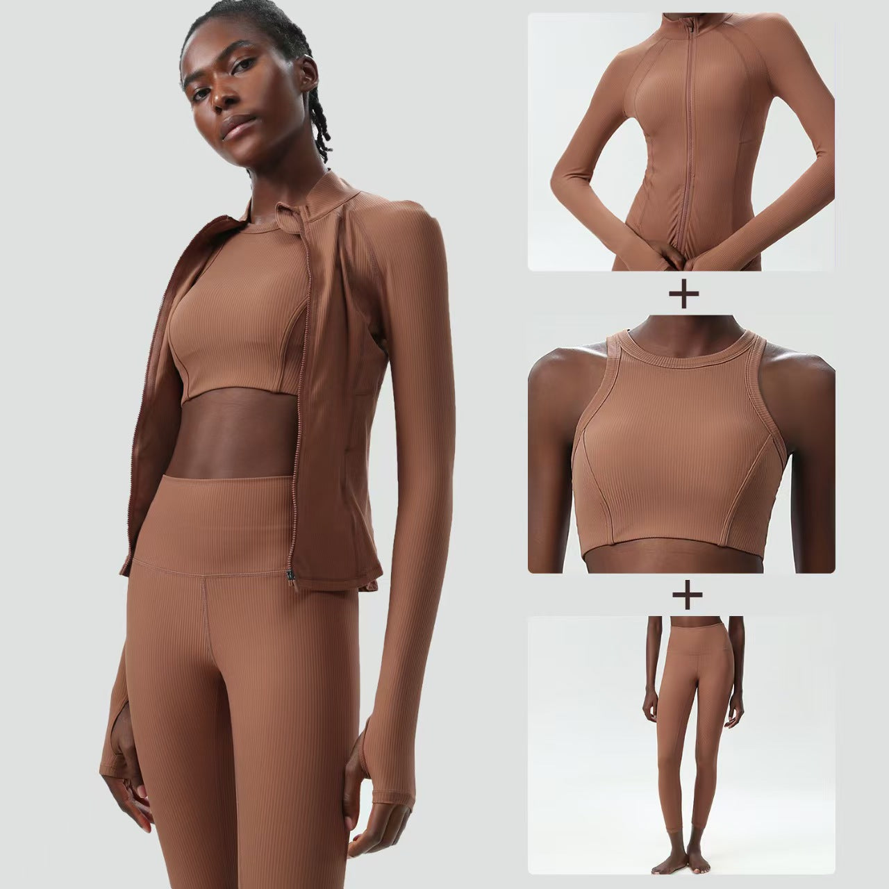 Custom Ribbed 3-Piece Activewear Collection – Cropped Jacket, Sports Top & High-Waisted Leggings | Private Label OEM