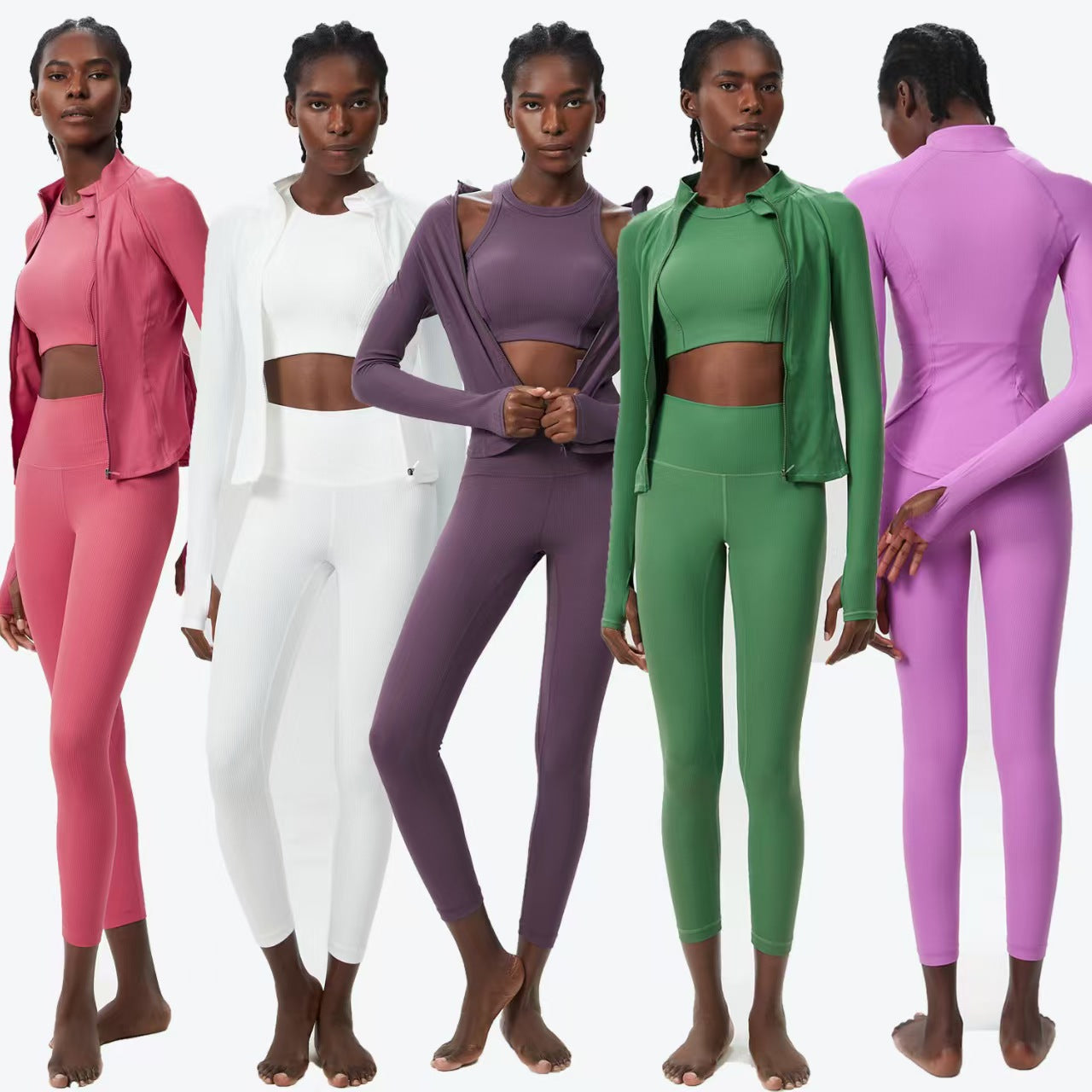 Custom Ribbed 3-Piece Activewear Collection – Cropped Jacket, Sports Top & High-Waisted Leggings | Private Label OEM