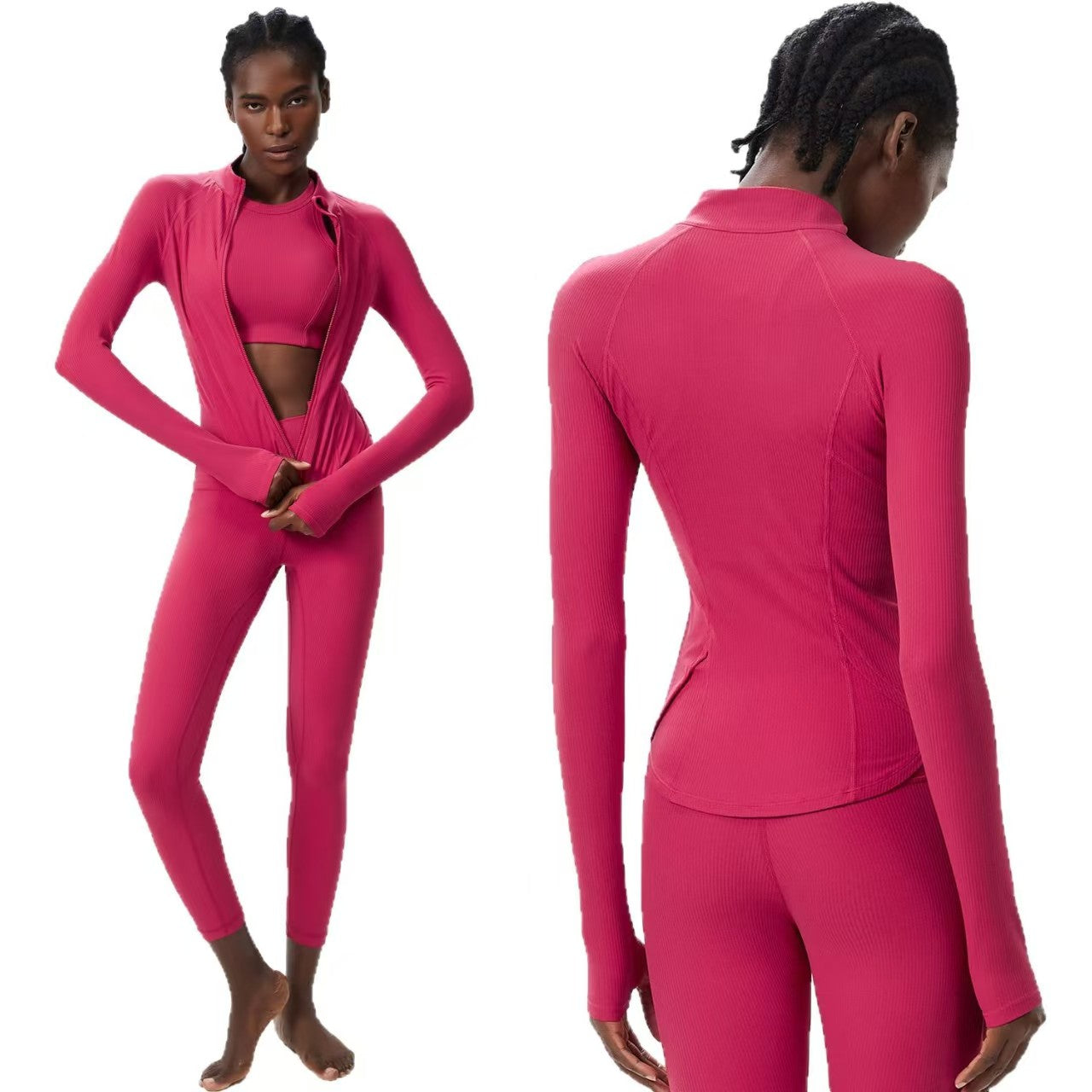 Custom Ribbed 3-Piece Activewear Collection – Cropped Jacket, Sports Top & High-Waisted Leggings | Private Label OEM