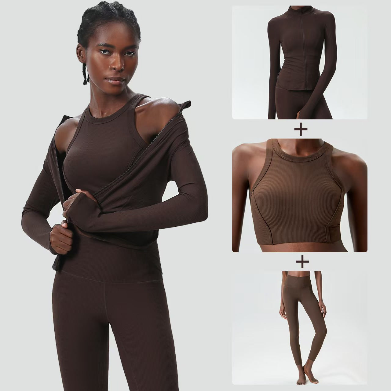 Custom Ribbed 3-Piece Activewear Collection – Cropped Jacket, Sports Top & High-Waisted Leggings | Private Label OEM