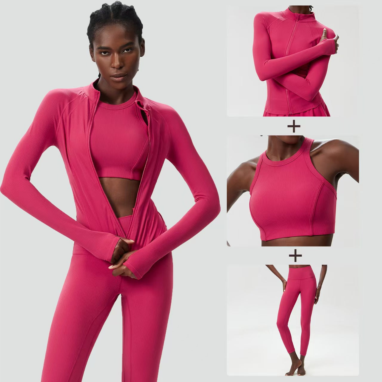 Custom Ribbed 3-Piece Activewear Collection – Cropped Jacket, Sports Top & High-Waisted Leggings | Private Label OEM