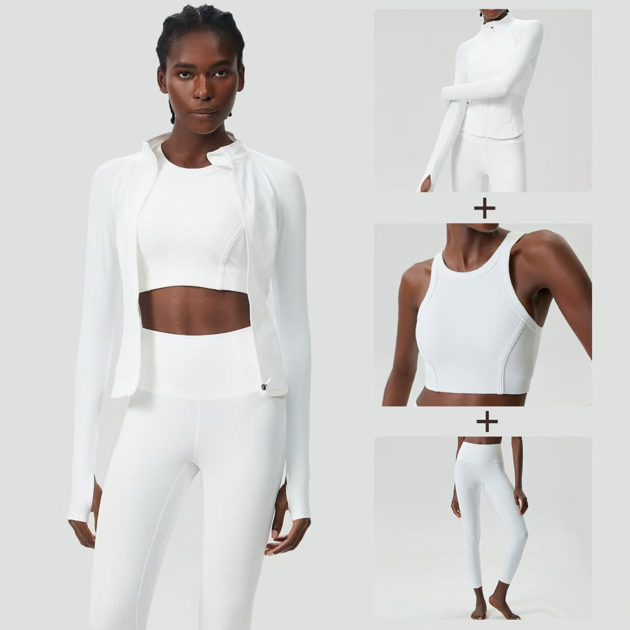Custom Ribbed 3-Piece Activewear Collection – Cropped Jacket, Sports Top & High-Waisted Leggings | Private Label OEM
