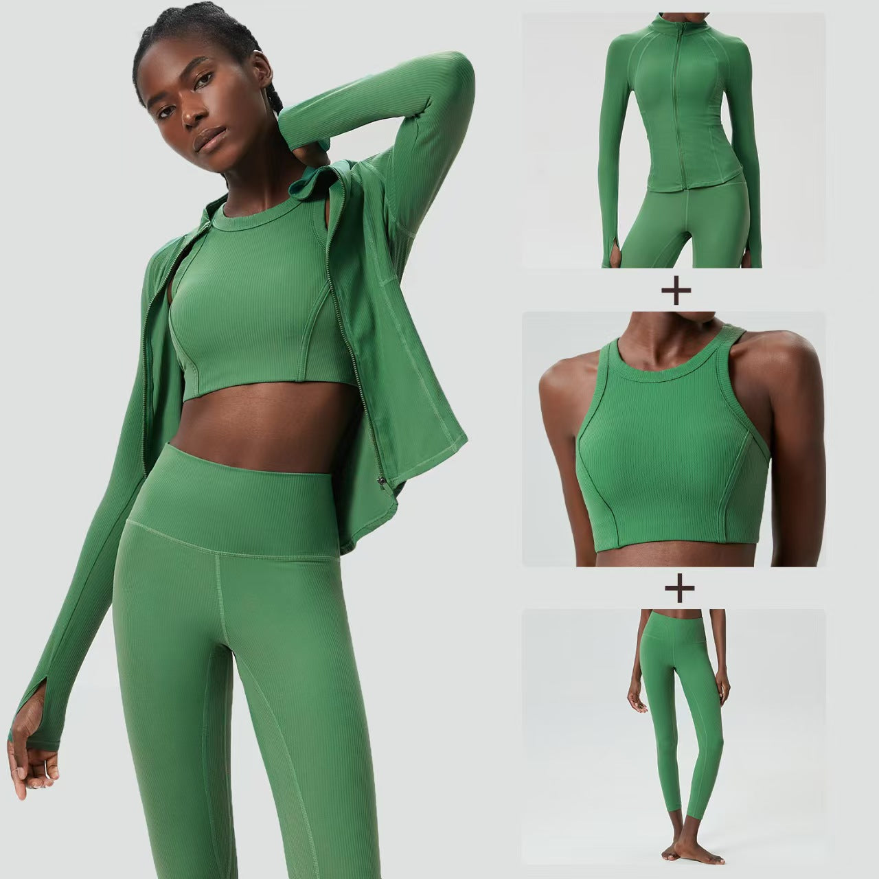 Custom Ribbed 3-Piece Activewear Collection – Cropped Jacket, Sports Top & High-Waisted Leggings | Private Label OEM