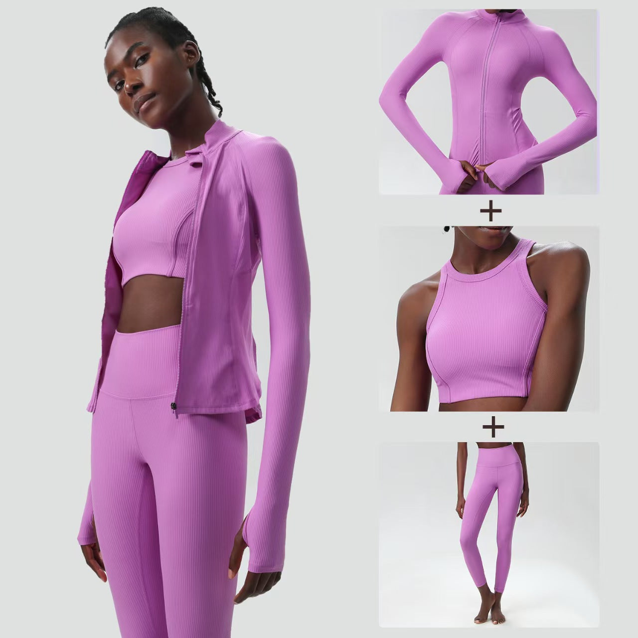 Custom Ribbed 3-Piece Activewear Collection – Cropped Jacket, Sports Top & High-Waisted Leggings | Private Label OEM