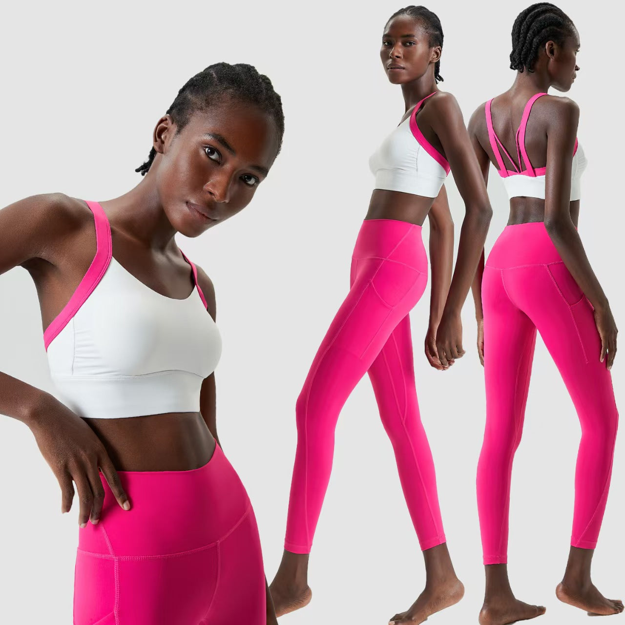 Custom Contrast Strap Sports Bra & High-Waisted Pocket Leggings Collection – Private Label Women’s Activewear OEM
