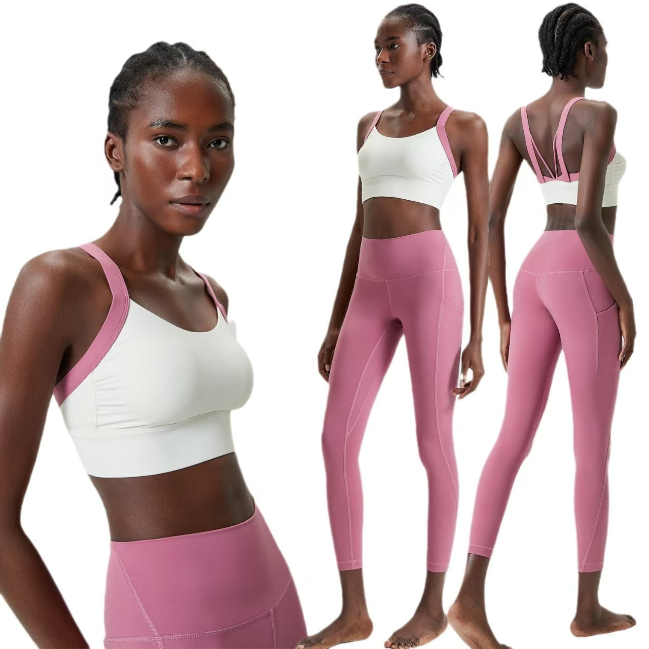 Custom Contrast Strap Sports Bra & High-Waisted Pocket Leggings Collection – Private Label Women’s Activewear OEM