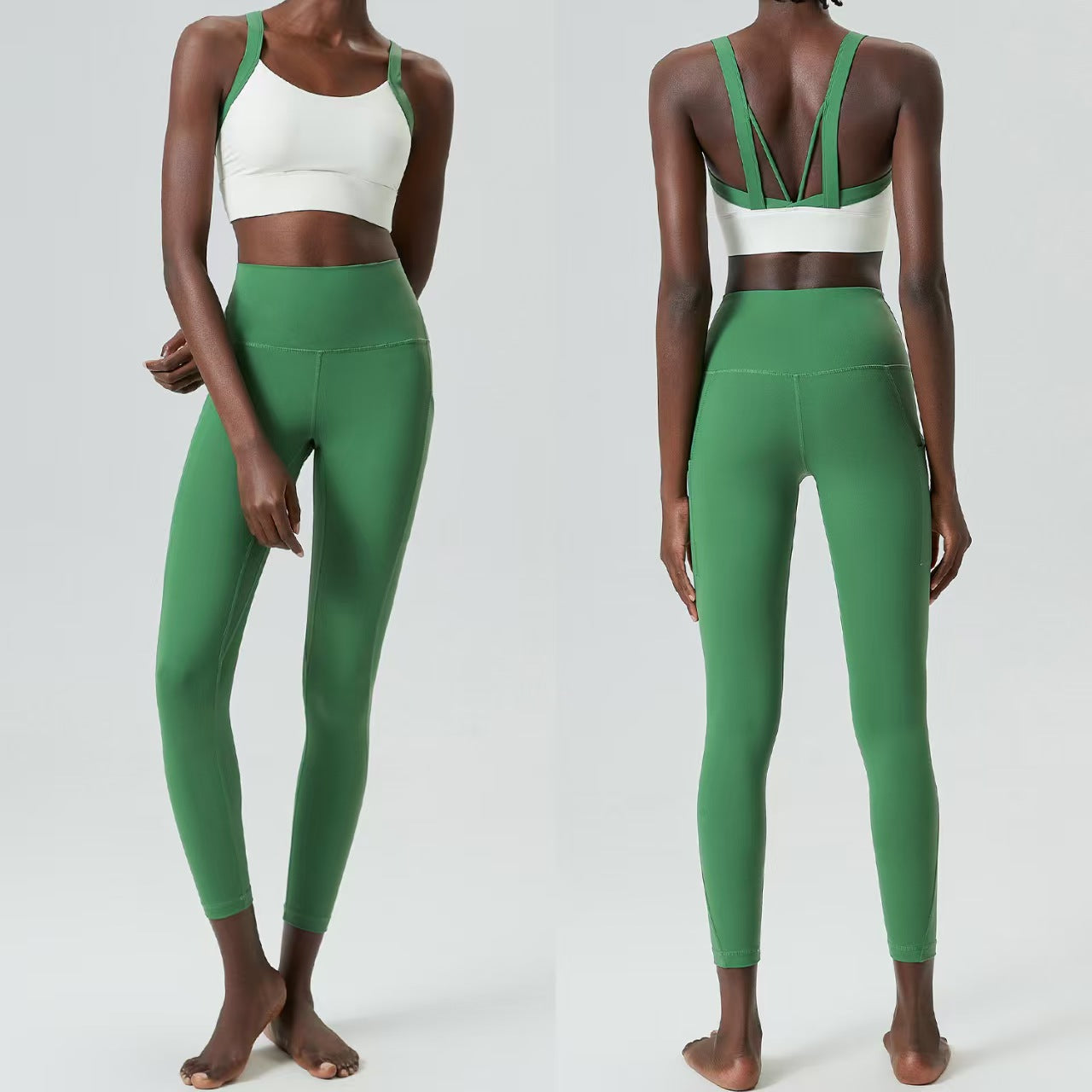Custom Contrast Strap Sports Bra & High-Waisted Pocket Leggings Collection – Private Label Women’s Activewear OEM