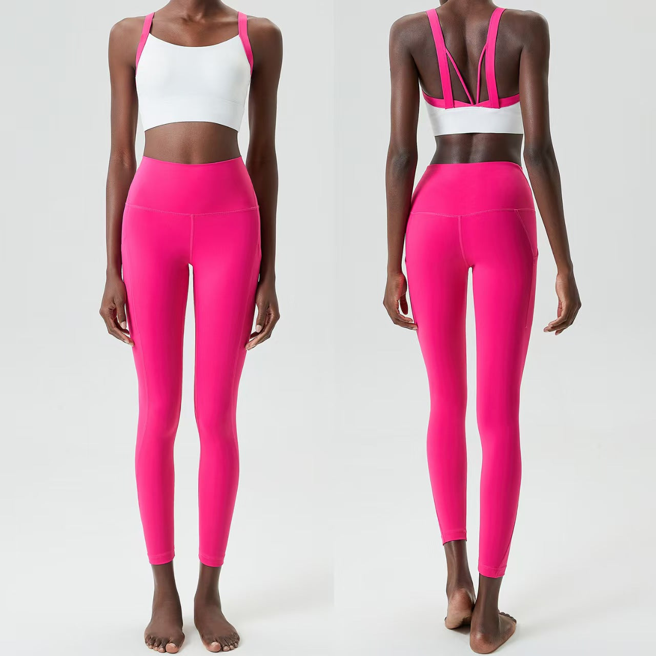Custom Contrast Strap Sports Bra & High-Waisted Pocket Leggings Collection – Private Label Women’s Activewear OEM