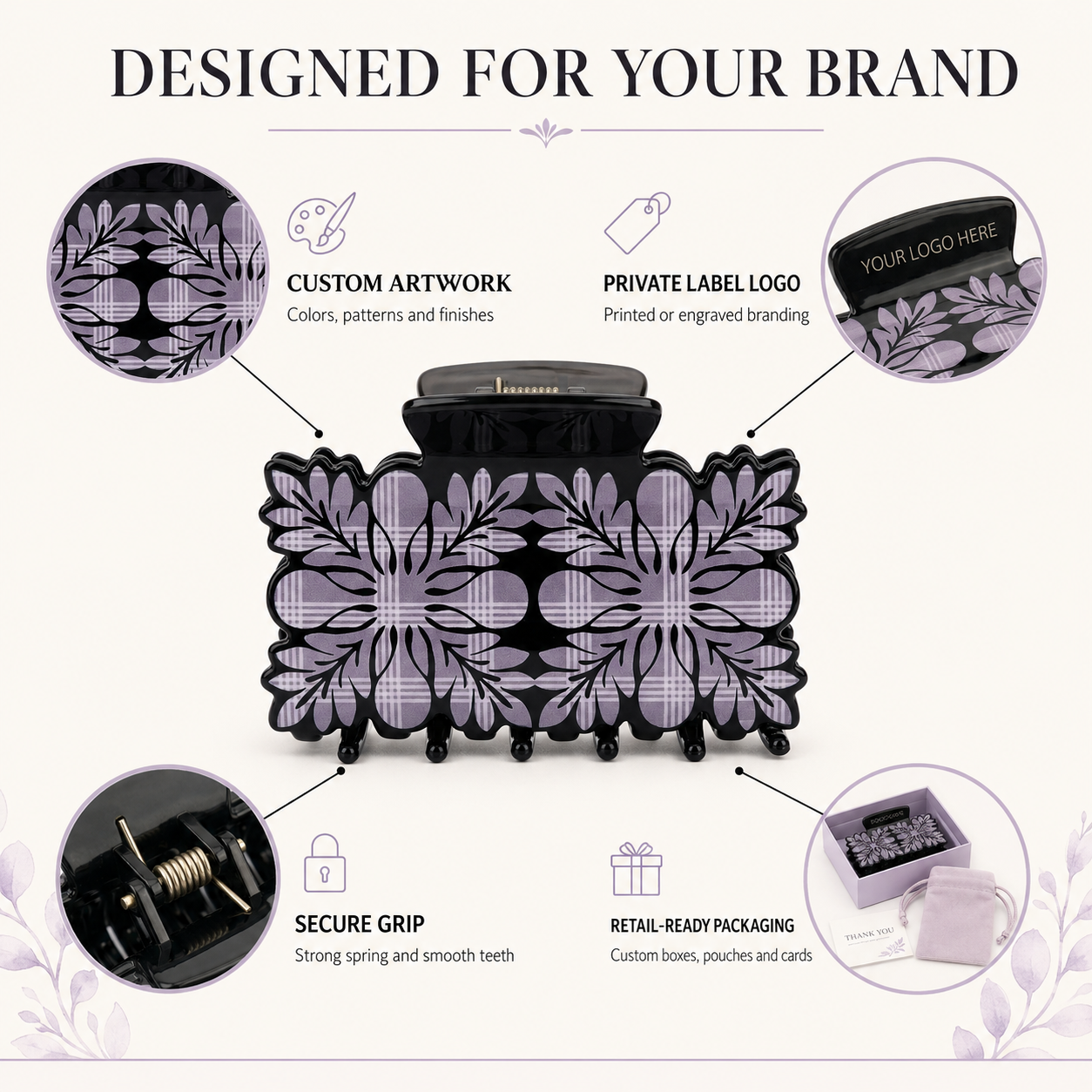 Custom Plaid Floral Hair Claw Clip – Private Label OEM/ODM