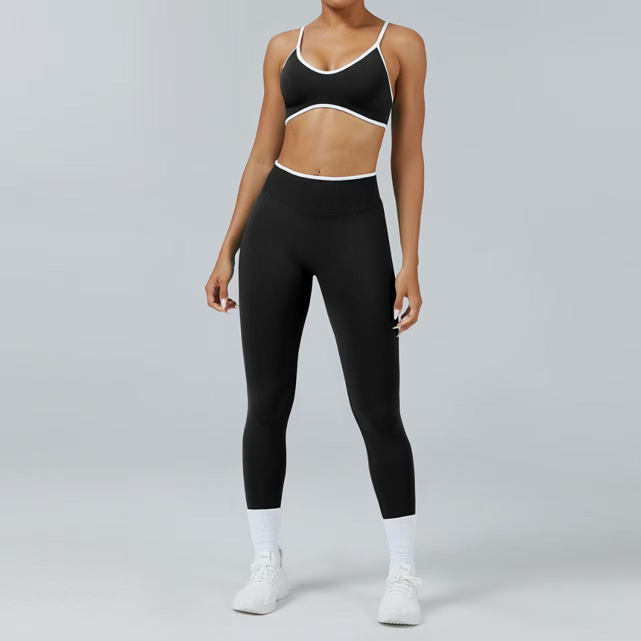 Custom Contrast Trim 3-Piece Activewear Set – Sports Bra, Tank Top, Biker Shorts & Leggings | Private Label OEM