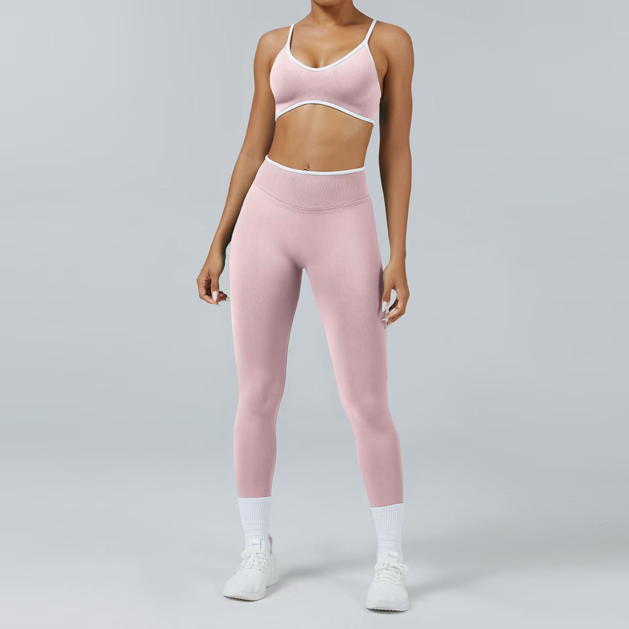 Custom Contrast Trim 3-Piece Activewear Set – Sports Bra, Tank Top, Biker Shorts & Leggings | Private Label OEM