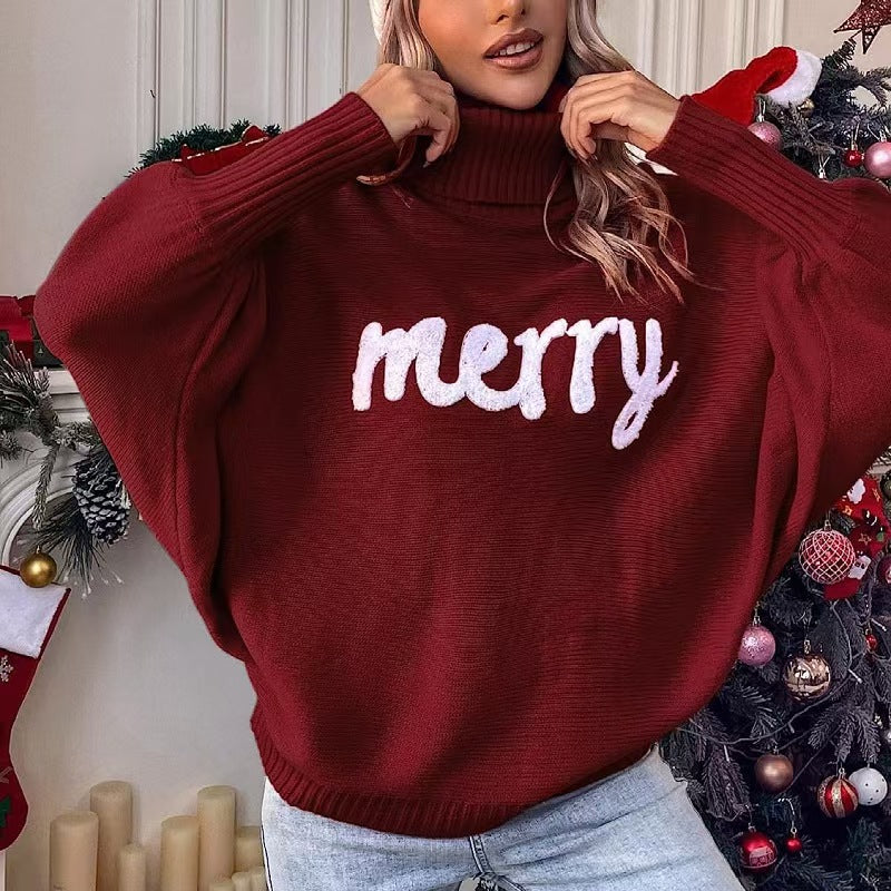 Custom Oversized Christmas Turtleneck Sweater with Chenille Embroidery – Private Label Knitwear OEM
