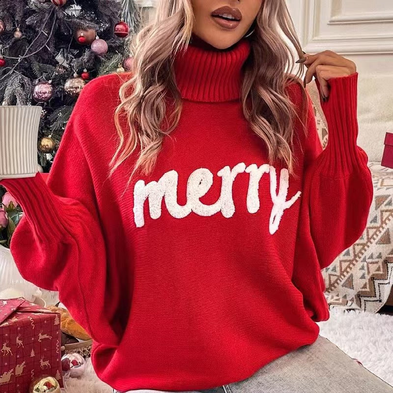 Custom Oversized Christmas Turtleneck Sweater with Chenille Embroidery – Private Label Knitwear OEM