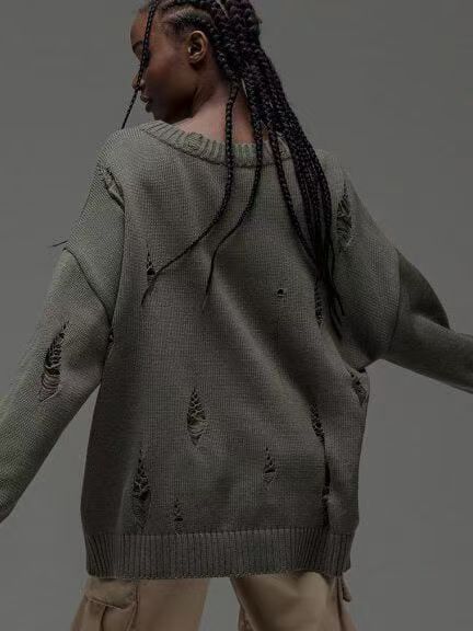 Custom Oversized Distressed Knit Sweater – Unisex Streetwear Private Label OEM