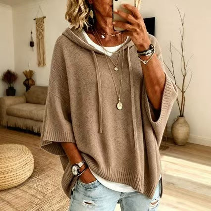 Custom Women’s Oversized Hooded Knit Poncho Sweater – Private Label Knitwear OEM