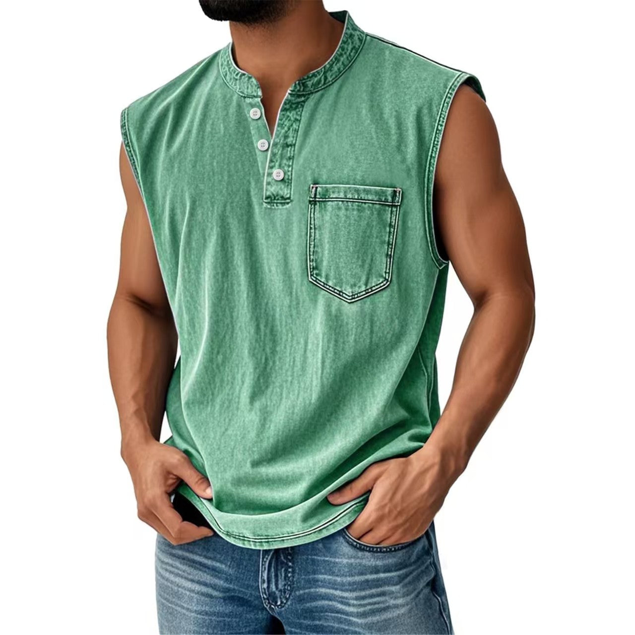 Custom Men’s Vintage Washed Sleeveless Henley Shirt – Private Label Casualwear OEM