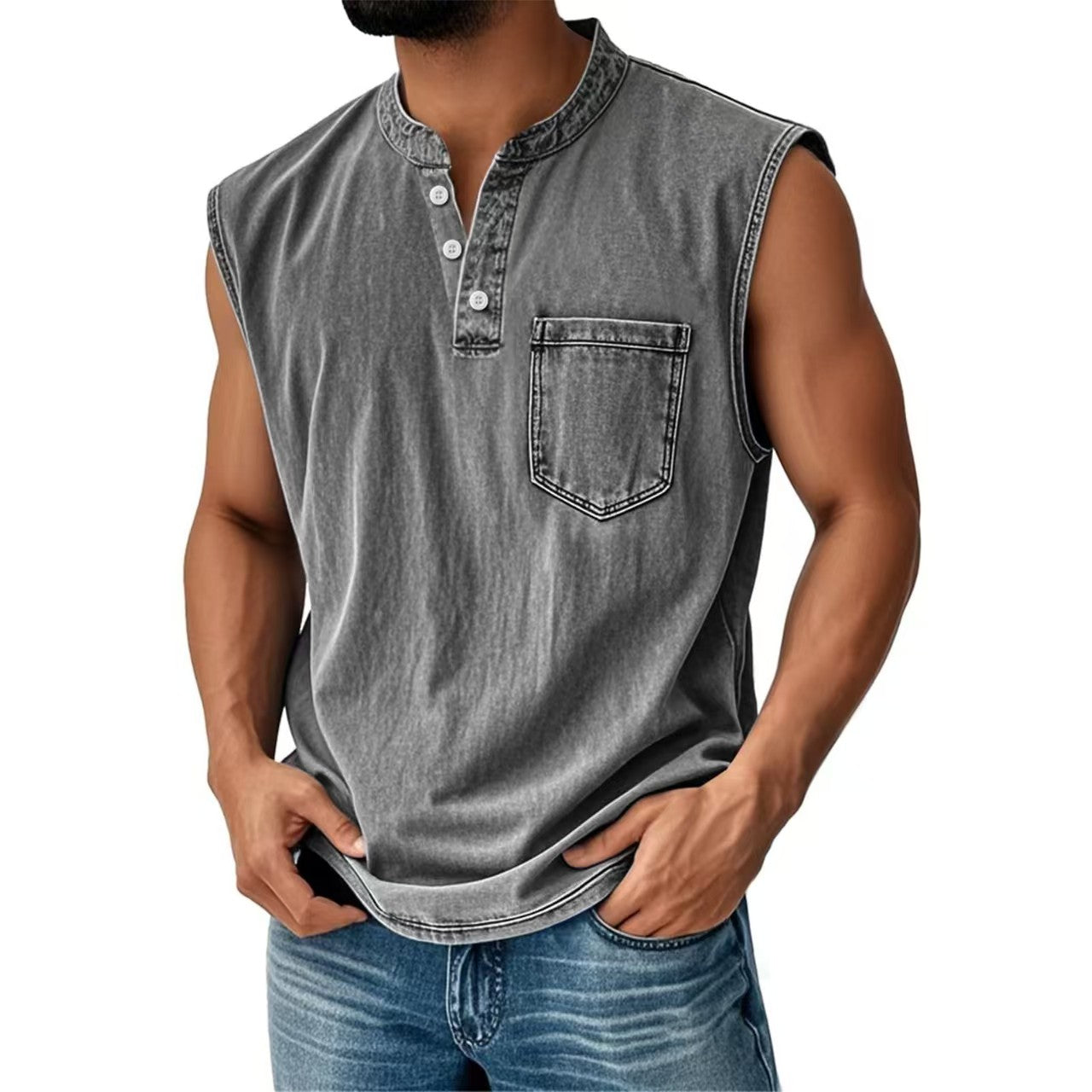 Custom Men’s Vintage Washed Sleeveless Henley Shirt – Private Label Casualwear OEM