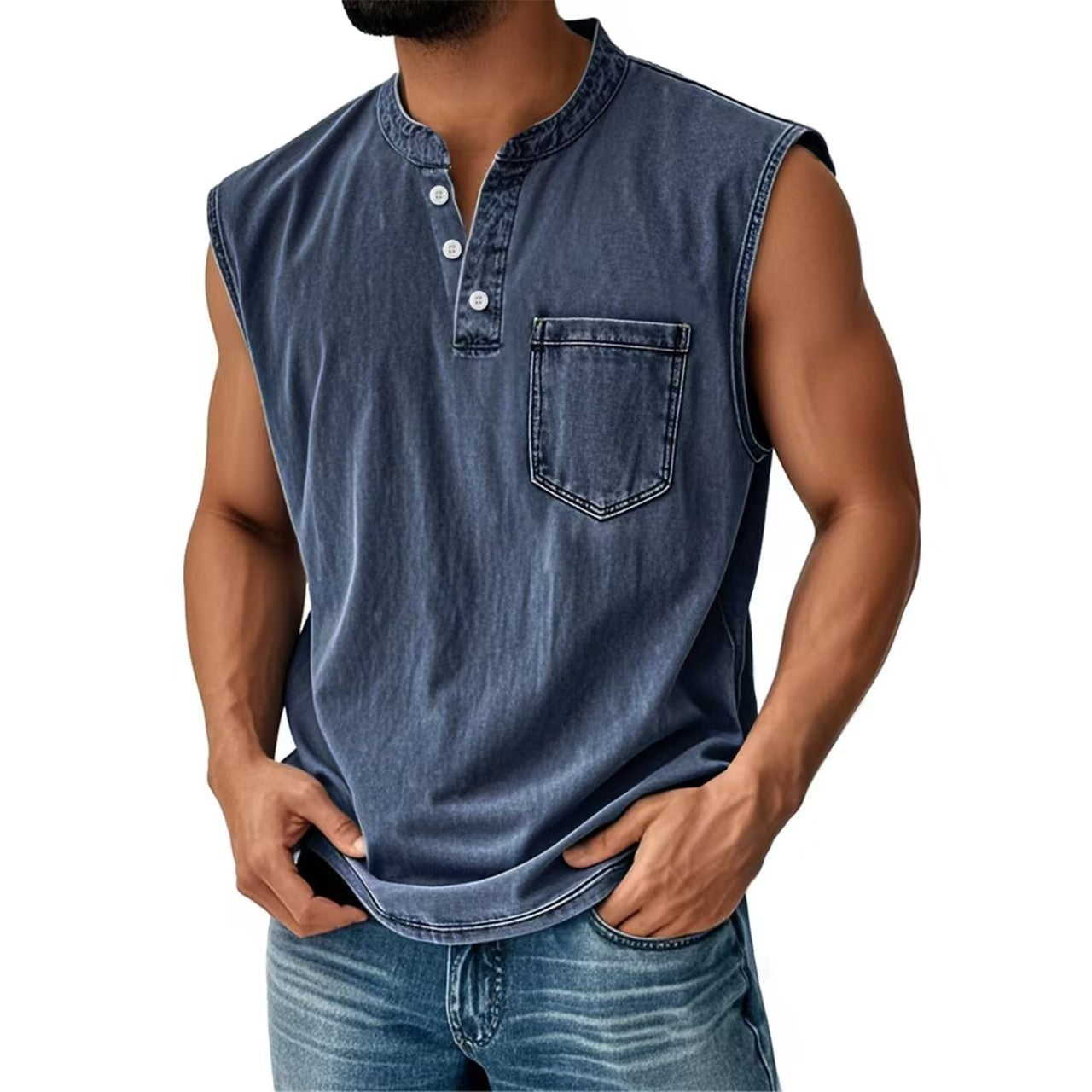 Custom Men’s Vintage Washed Sleeveless Henley Shirt – Private Label Casualwear OEM