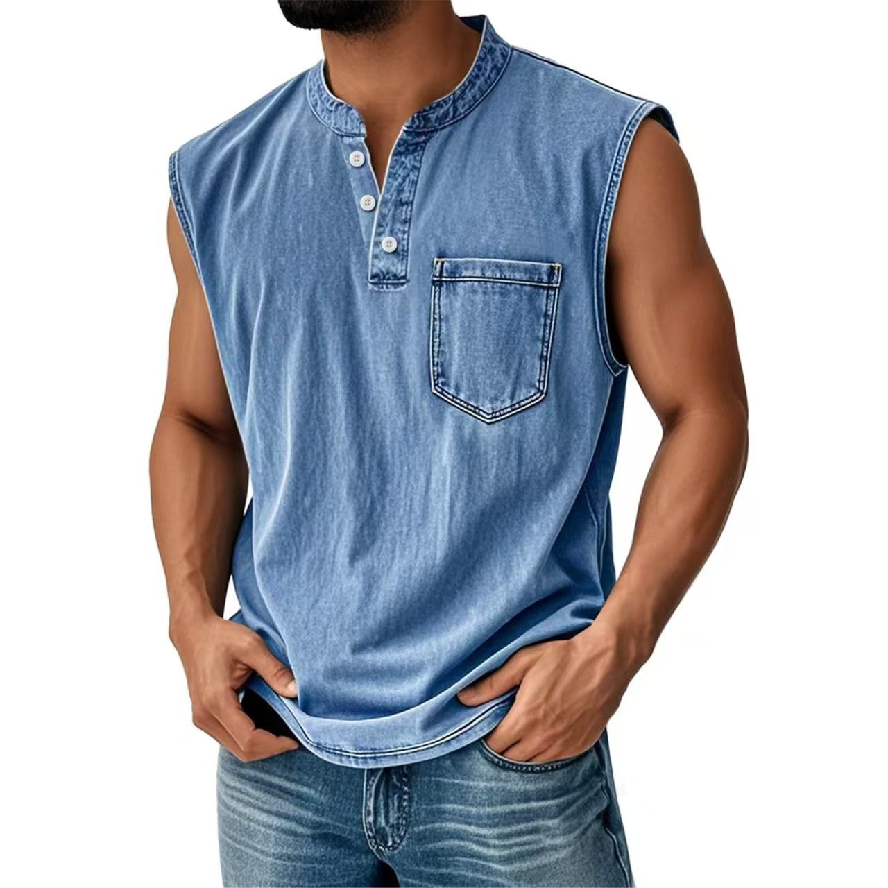 Custom Men’s Vintage Washed Sleeveless Henley Shirt – Private Label Casualwear OEM