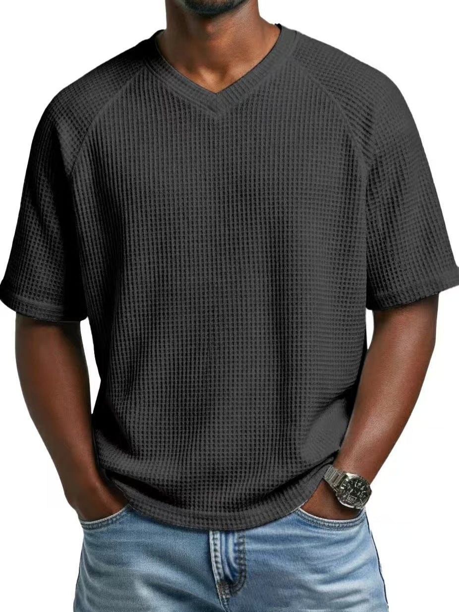 Custom Men’s Waffle Knit V-Neck T-Shirt – Private Label Textured Casualwear OEM